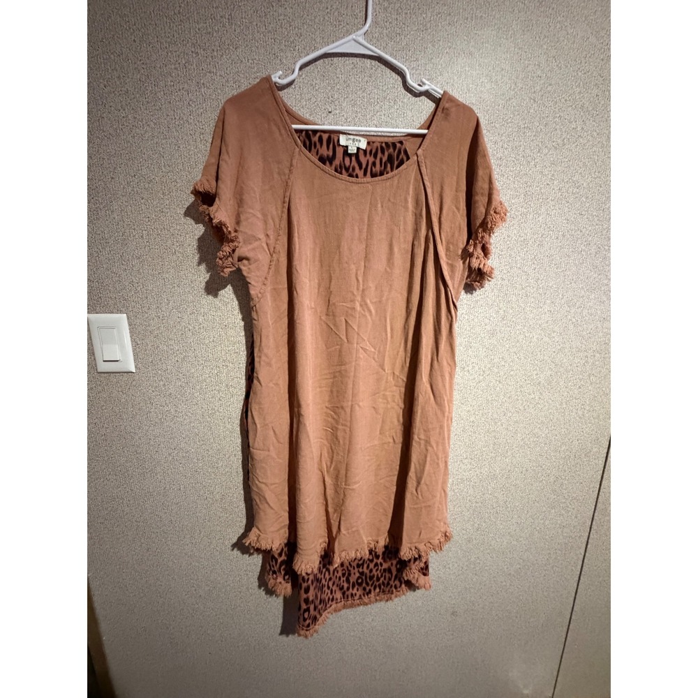 Umgee USA Womens Large Rust Linen Blend Leopard Print Frayed Fringe Tunic Dress